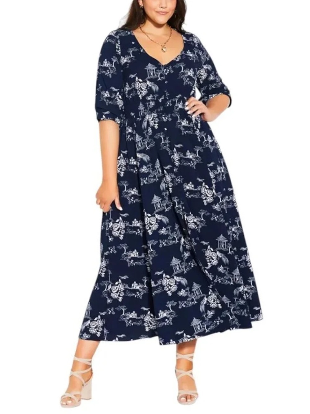 City Chic Navy and White Scenic Zen Print Midi DressNWOT 16W
